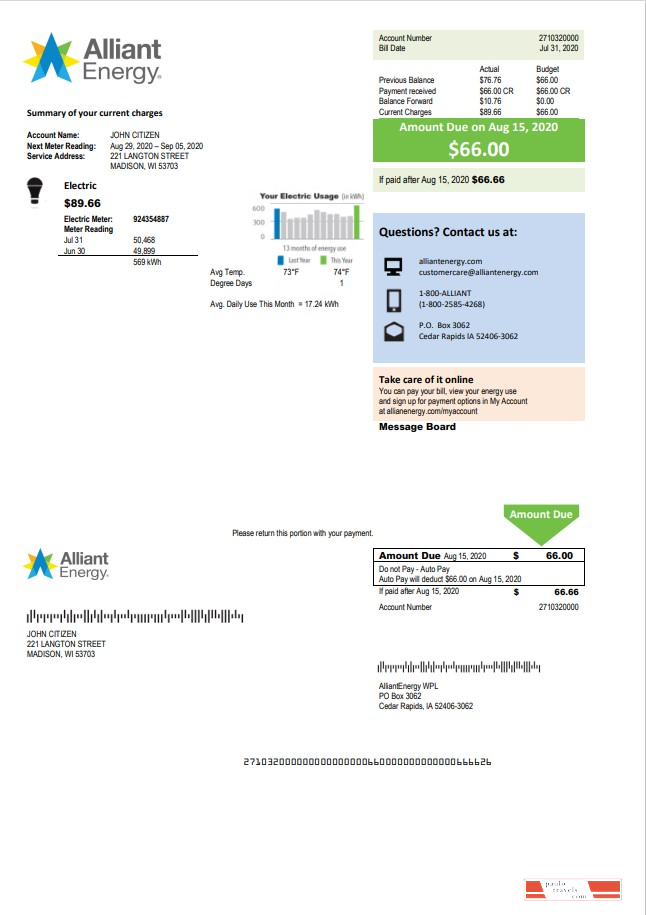USA Wisconsin Alliant Energy electricity utility bill template in Word and PDF format